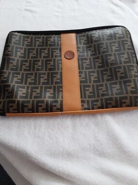Fendi Brown Monogram Laptop Sleeve with Tan Leather Trim